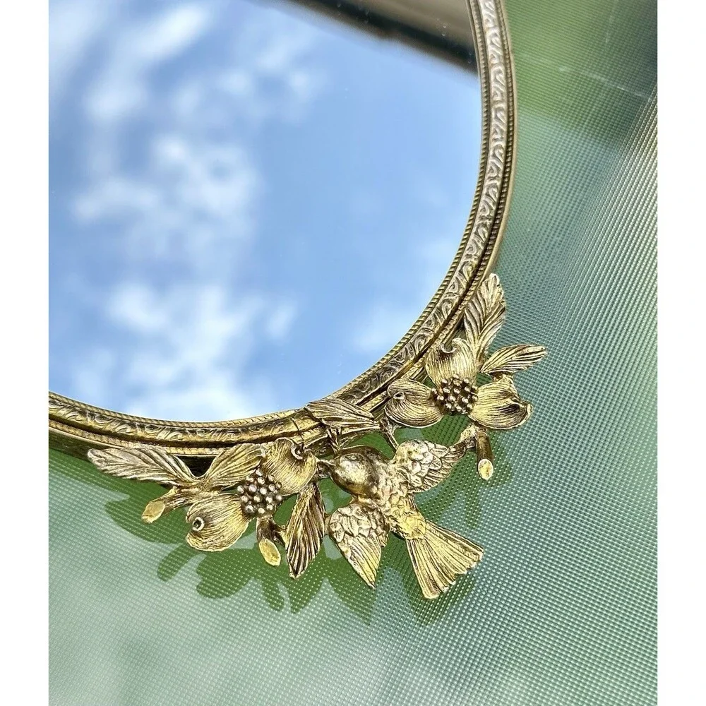Vintage Matson Vanity Mirror Tray Birds Dogwood Gold Plated Hollywood Regency